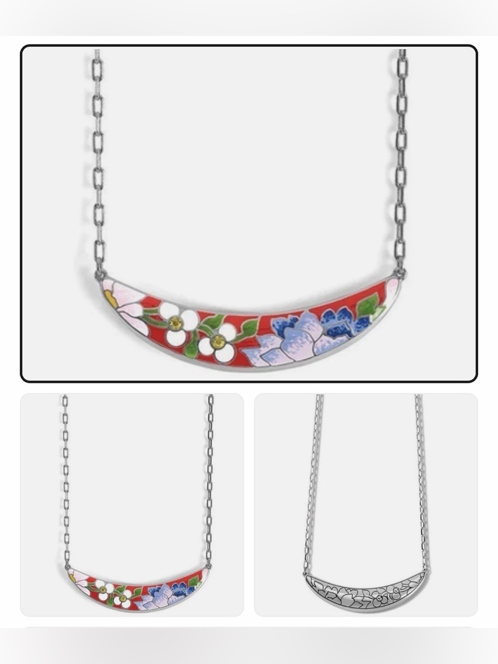 🌸 Brighton VTG SLVR Hand-Painted Floral Enamel Crescent Necklace